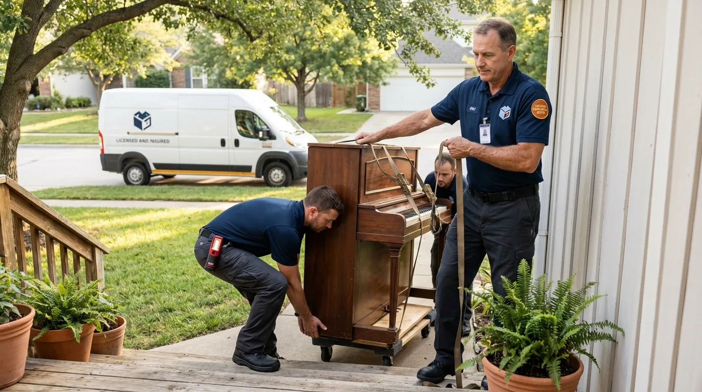 Licensed piano movers securing grand piano in Westfield, NY