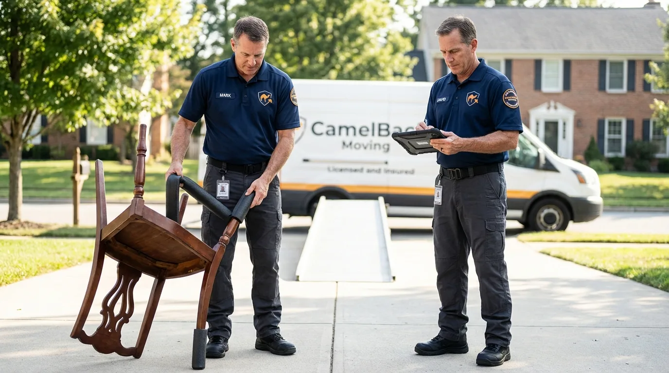 Movers inspecting furniture for damage prevention before loading in Westfield, NY