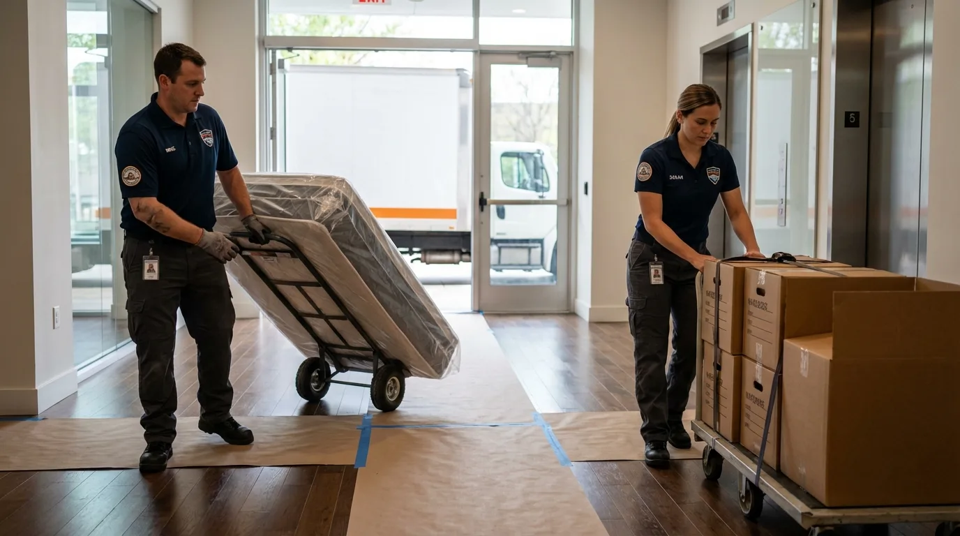 Professional apartment movers loading elevator in Westfield, NY