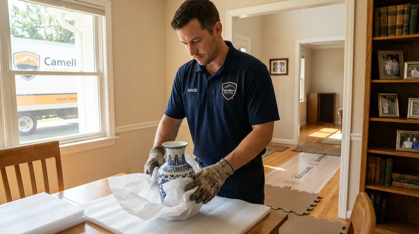 Professional crew carefully wrapping antique vase for senior downsizing move in Westfield, NY